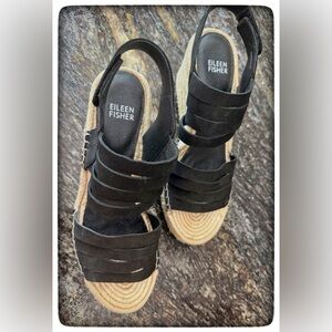 Eileen Fisher 7.5 Black Suede Strappy Espadrille Wedges